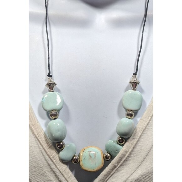 Handmade Light Blue Ceramic Beaded Necklace With Silver Tone Accents - Picture 5 of 8
